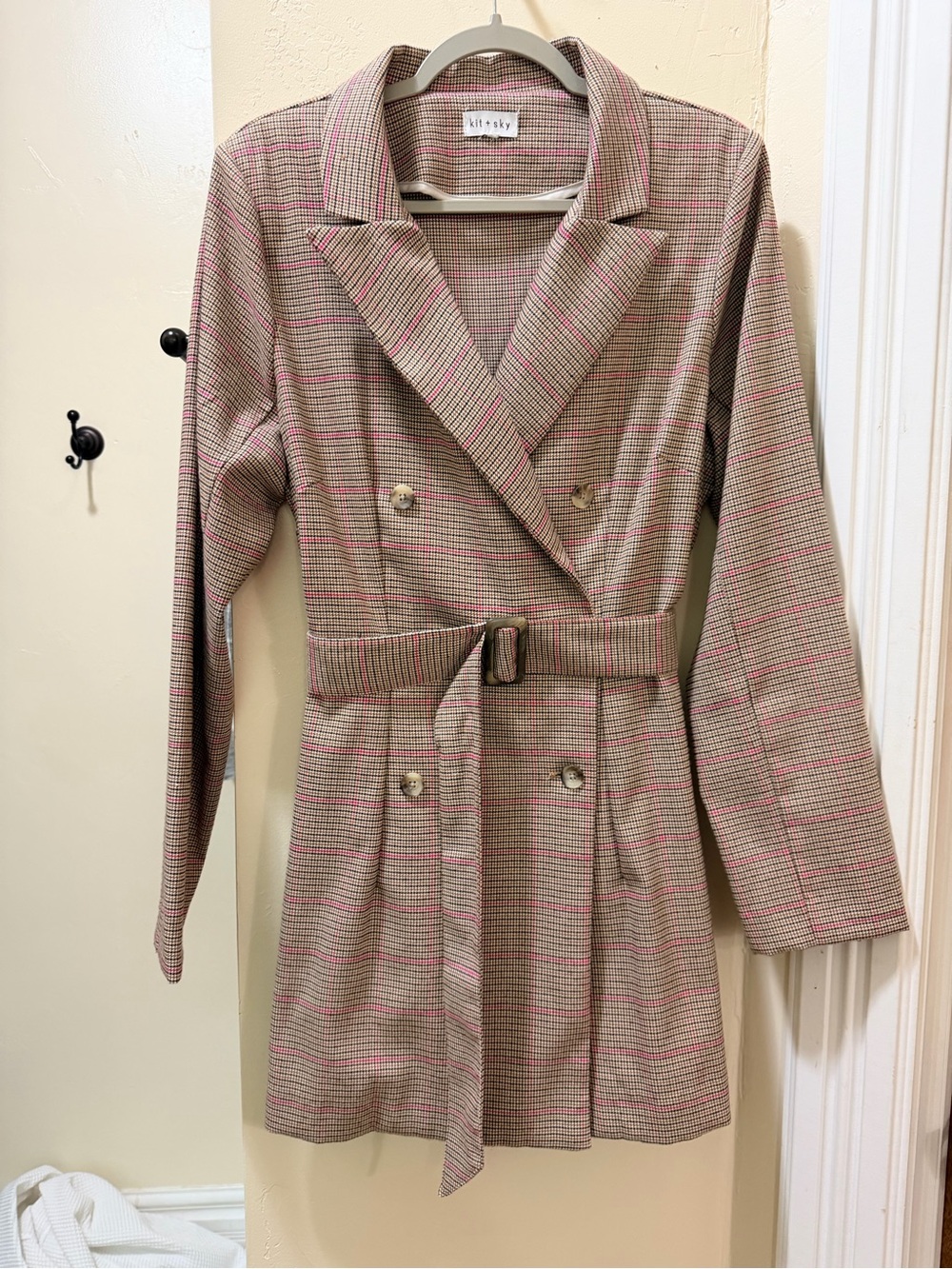 Kit & Sky Pink Plaid Belted Double-Breasted Blazer Coat